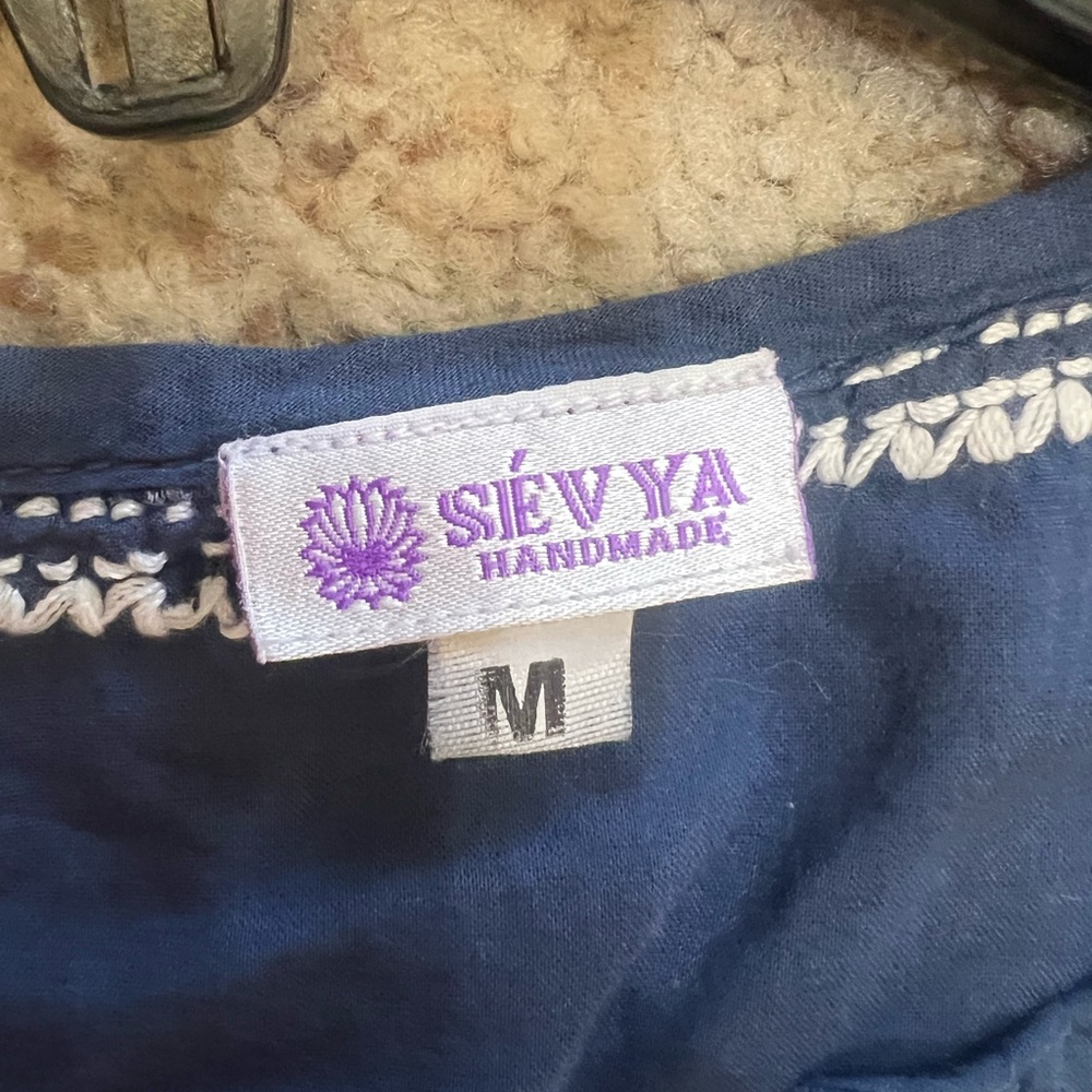 SEVYA 100% Cotton Blue Hand Embroidered 3/4 Sleeve Tunic Dress Beach Cover M - Picture 8 of 11